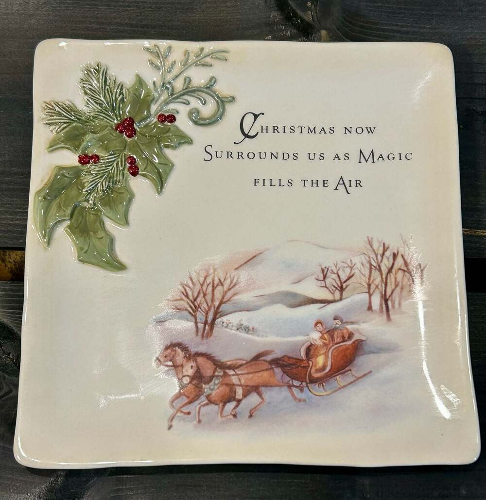 Grasslands Road Christmas Sleigh Ride Ceramic Square Decorative Plaque/Plate